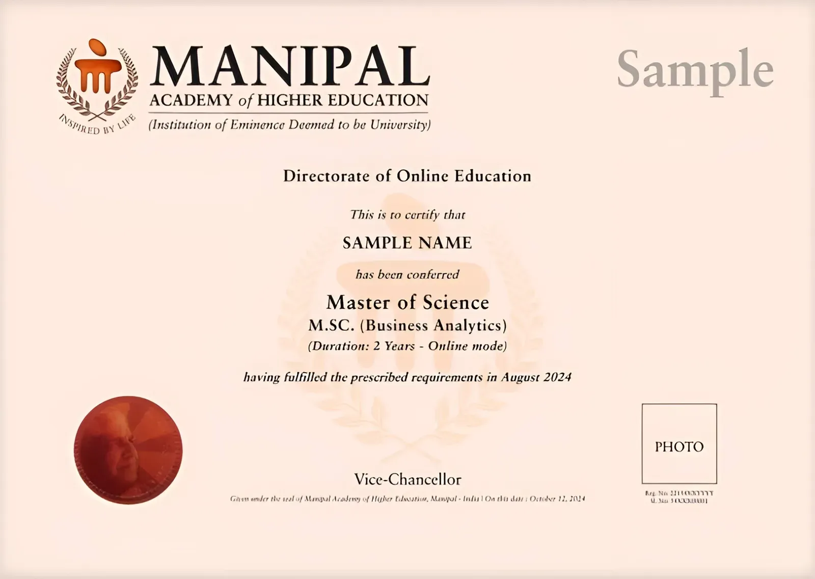 MSC Business Analytics certificate sampledegree